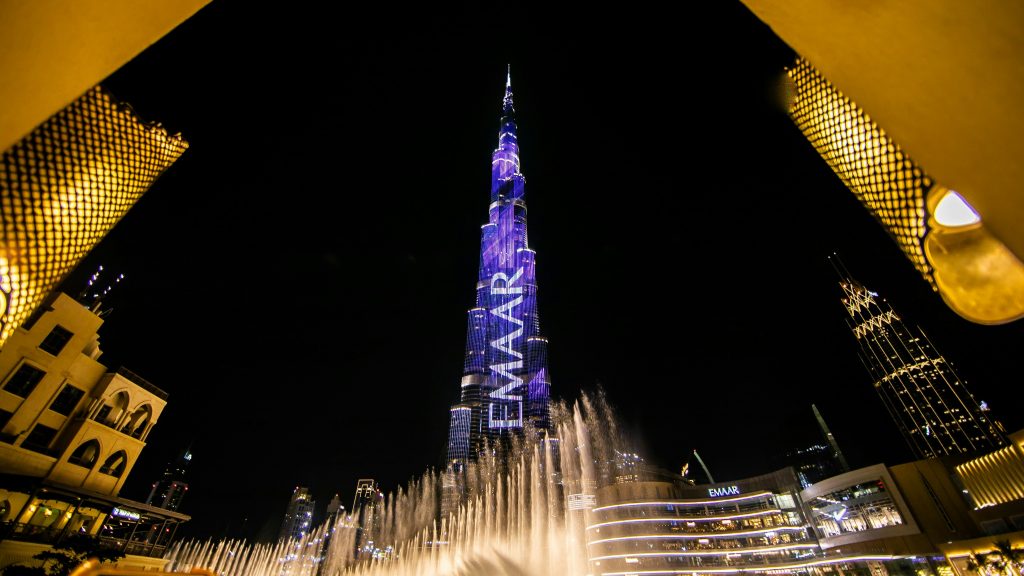Dubai Fountain showing burj khalifa Redsand Tourism